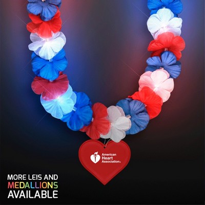 Red, White & Blue LED Hawaiian Lei with Custom Heart Medallion - PRINTED