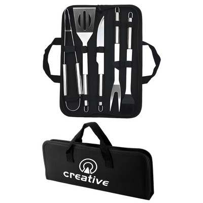 5-Piece Stainless Steel BBQ Grill Tool Set with Carrying Bag