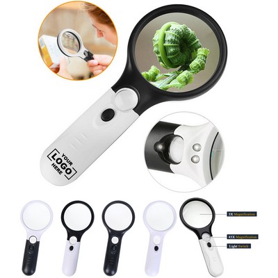 Portable Reading 3X & 45X Dual Power Handheld ABS Magnifier W/ 3 LED Lights