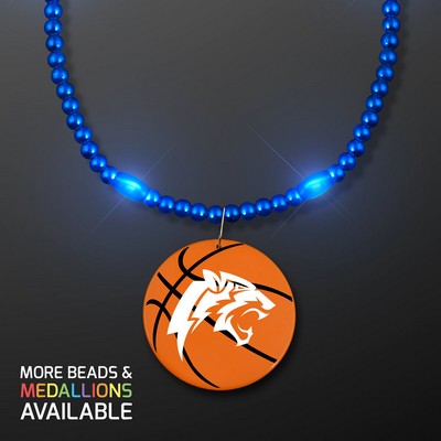 Electric Blue Mardi Gras Beads with Basketball Medallion - PRINTED