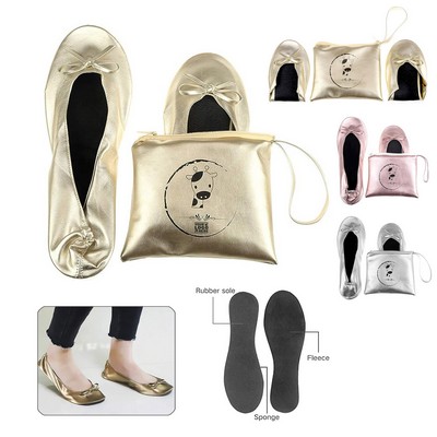 Women's Foldable Portable Travel Roll Up Ballet Flats Shoes with Pouch