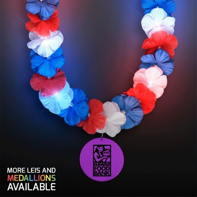 Red, White & Blue LED Hawaiian Lei with Custom Purple Medallion - PRINTED