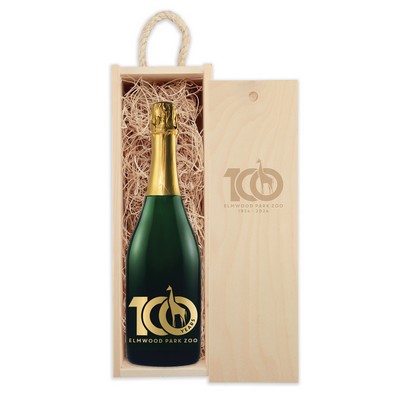Laser-Engraved Wood Box w/Custom Etched Sparkling Wine Bottle