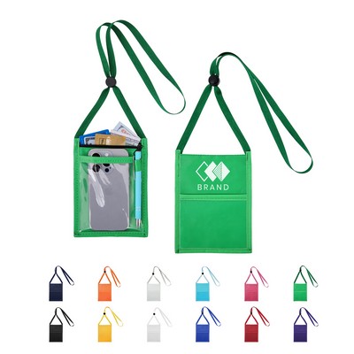 Double Window Pouch Wallet With Lanyard W/Back Zipper And Phone Holder