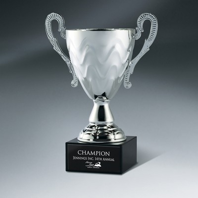 Medium Bright Silver Metal Cup on Marble Base w/Black Lasered Plate