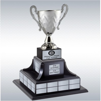 22" Silver Trophy Metal Cup On Genuine Black Marble w/ Black Wood Perpetual Base