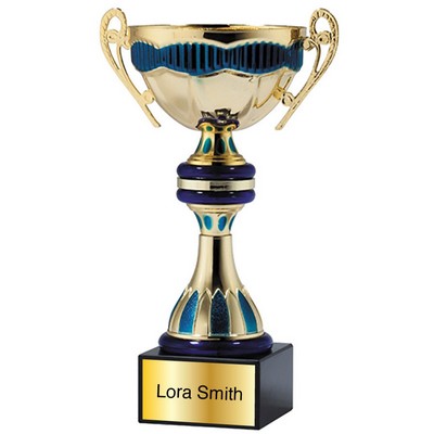 Gold and Blue Metal Ribbon Cup on Black Marble Base