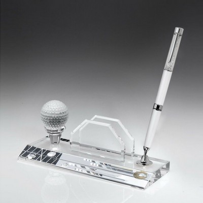 White Ballpoint Golf Pen Set - Desktop Award w/Business Card Holder