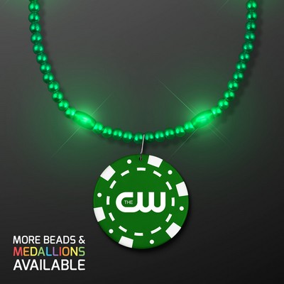 Green LED Bead Necklace with Green Poker Chip Medallion - PRINTED