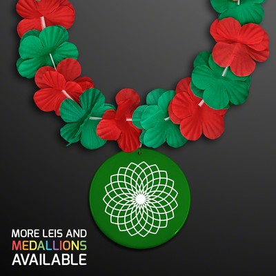 Green & Red Flower Lei Necklace with Green Medallion (Non-Light Up) - PRINTED