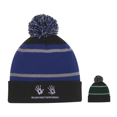 Tri-tone Striped Pom Beanie With Cuff