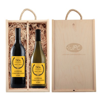 Rustic Laser Engraved Wood Box with Two Custom Labeled Wines