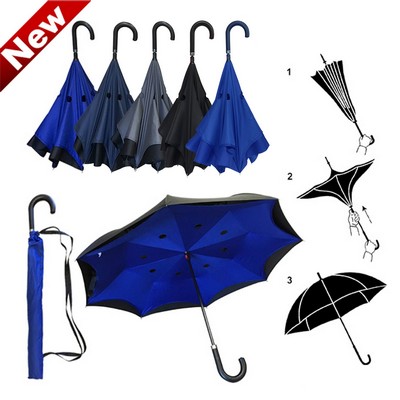 Inverted / Reversed Double Layer Straight Umbrella with Curved Handle