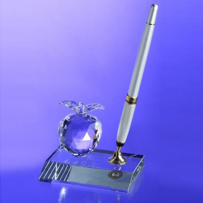 3 1/4" Awards-Crystal Apple Pen Set w/ Silver Pen